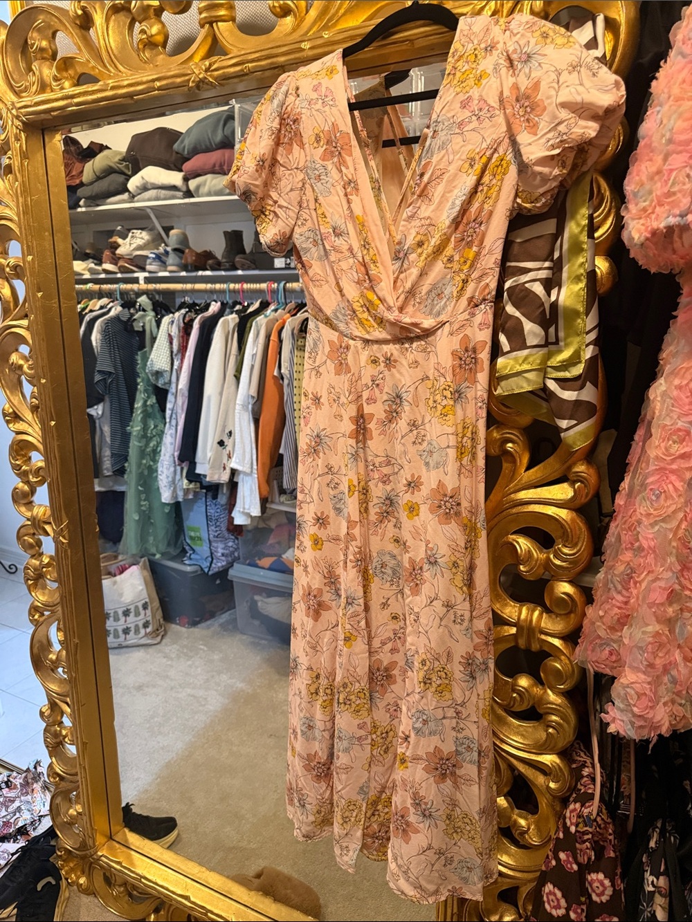 Lulu's Blush Pink Floral Maxi Dress with Puff Sleeves